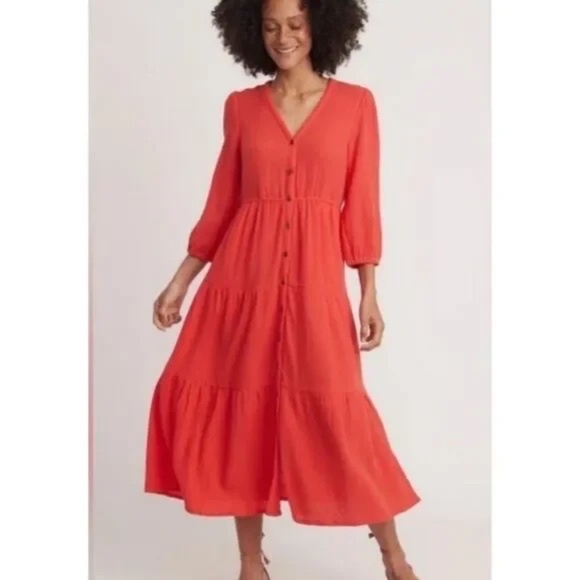 Marine Layer Dresses & Skirts - Marine Layer Willow Tiered Button-Up Midi Dress in Red SZ S